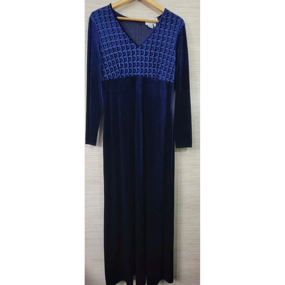 Papell Boutique Women's Velvet Maxi Dress Blue Long Sleeve Evening‎ Gown Size 14